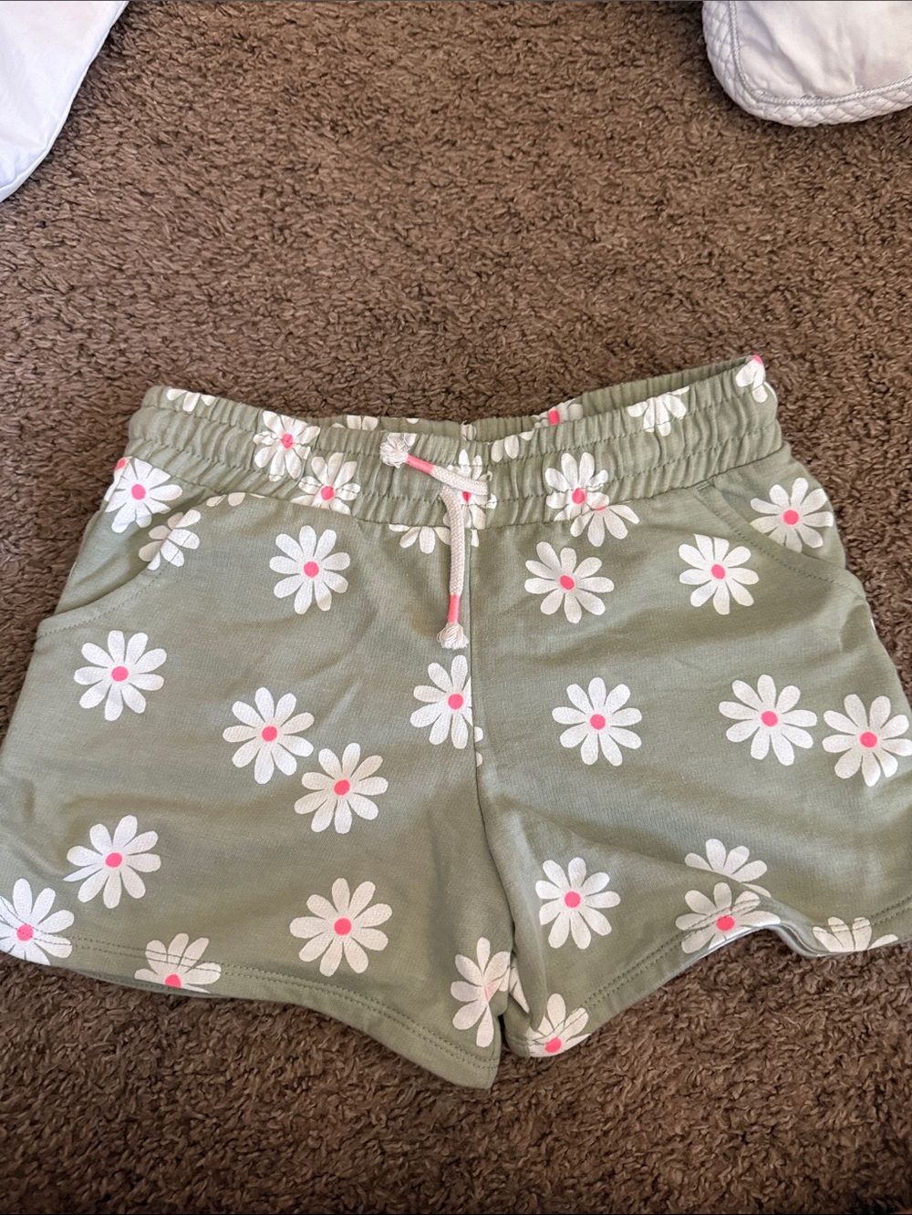 Cat & Jack Olive Green Daisy Print Shorts with Pink Centers
